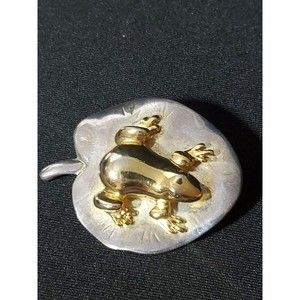 Frog On Lily Pad Brooch Pin Gold and Silver Two Tone Metal